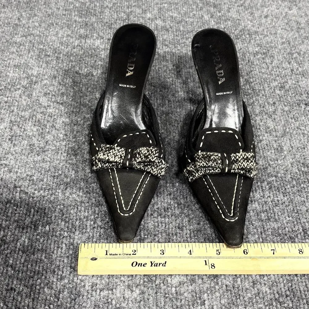Prada Shoes Womens 6 EU 36 Black Suede Whipstitch Bow Mule Kitten Heels Italy